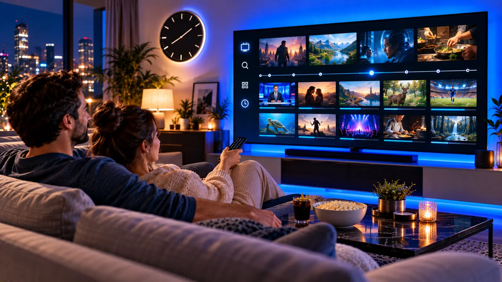 Couple selecting a previously broadcast programme using catch-up TV