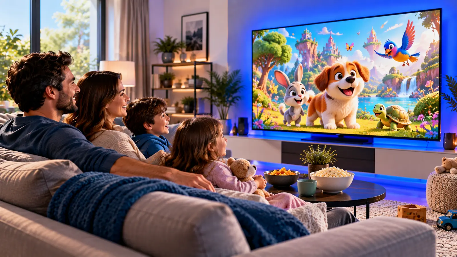 Family enjoying children's entertainment on a smart television