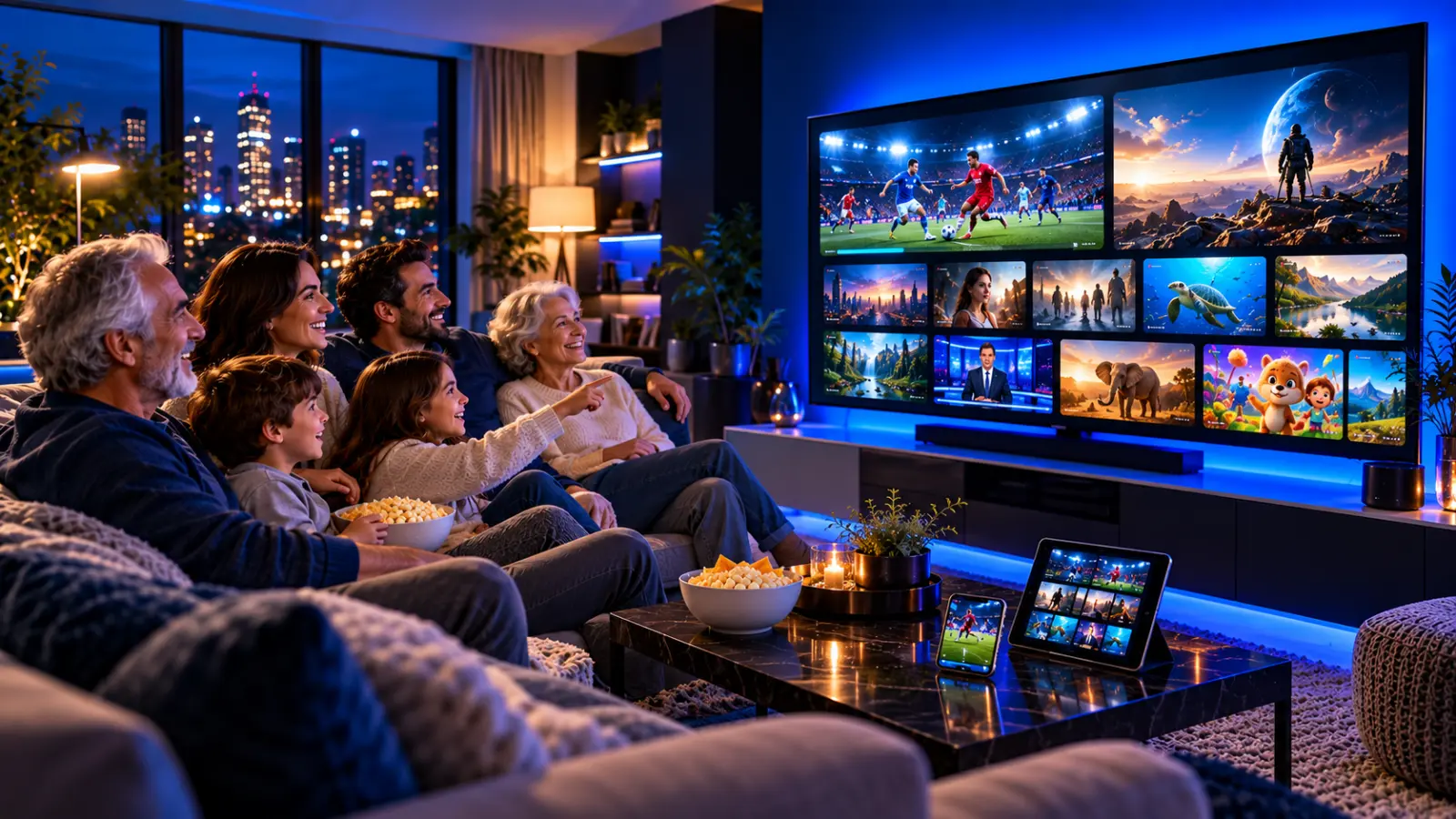 Multi-generational family enjoying live TV and video on demand