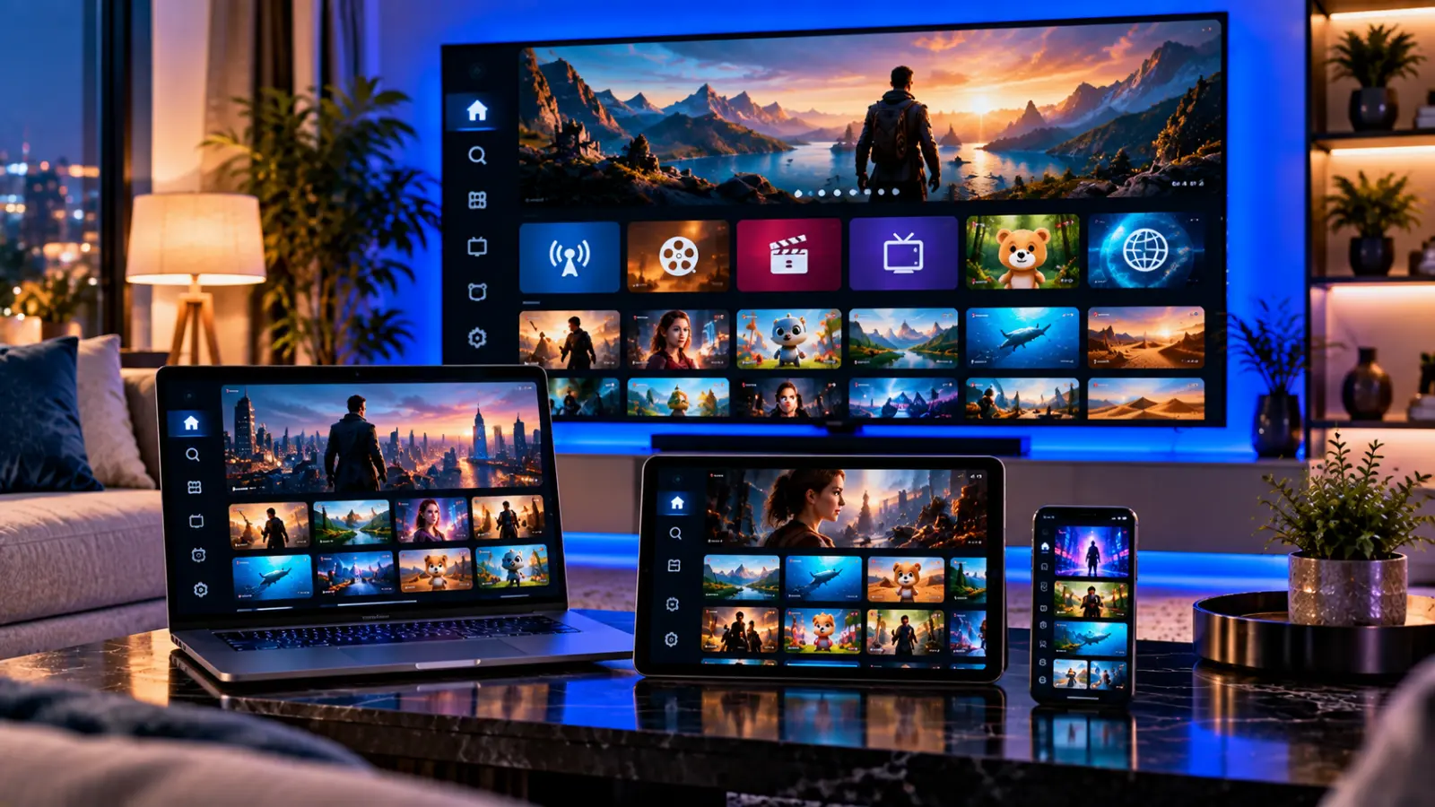 Television, laptop, tablet and smartphone displaying entertainment