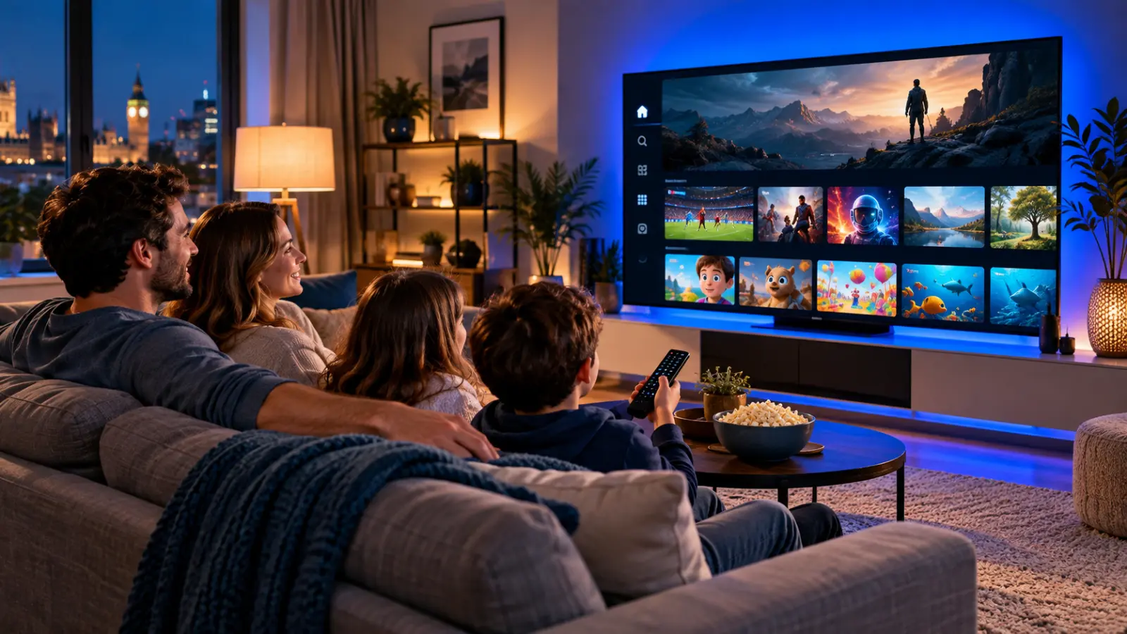 British family watching television together in a modern living room