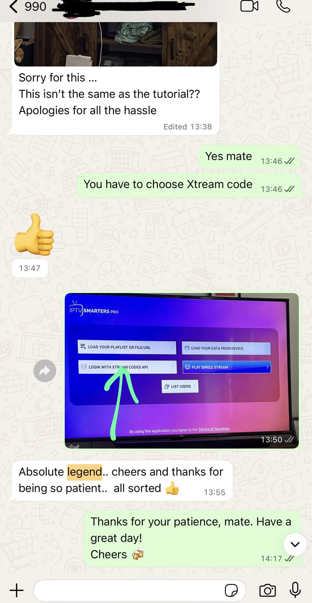 Anonymised customer conversation screenshot about service experience