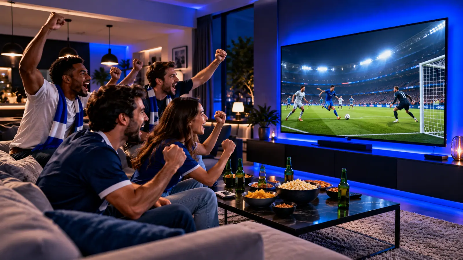 Friends watching fictional live football coverage on television