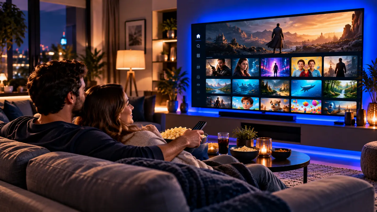 Couple browsing a video-on-demand library of movies and series