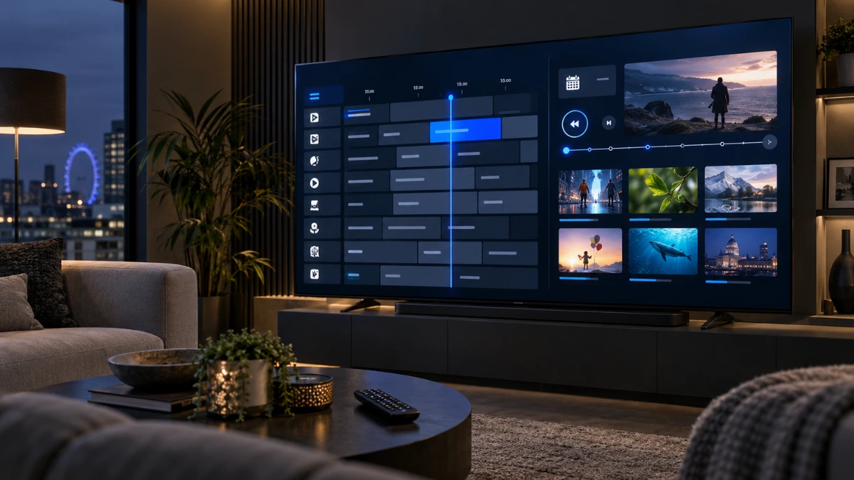 IPTV UK electronic programme guide and catch-up TV displayed on a Smart TV