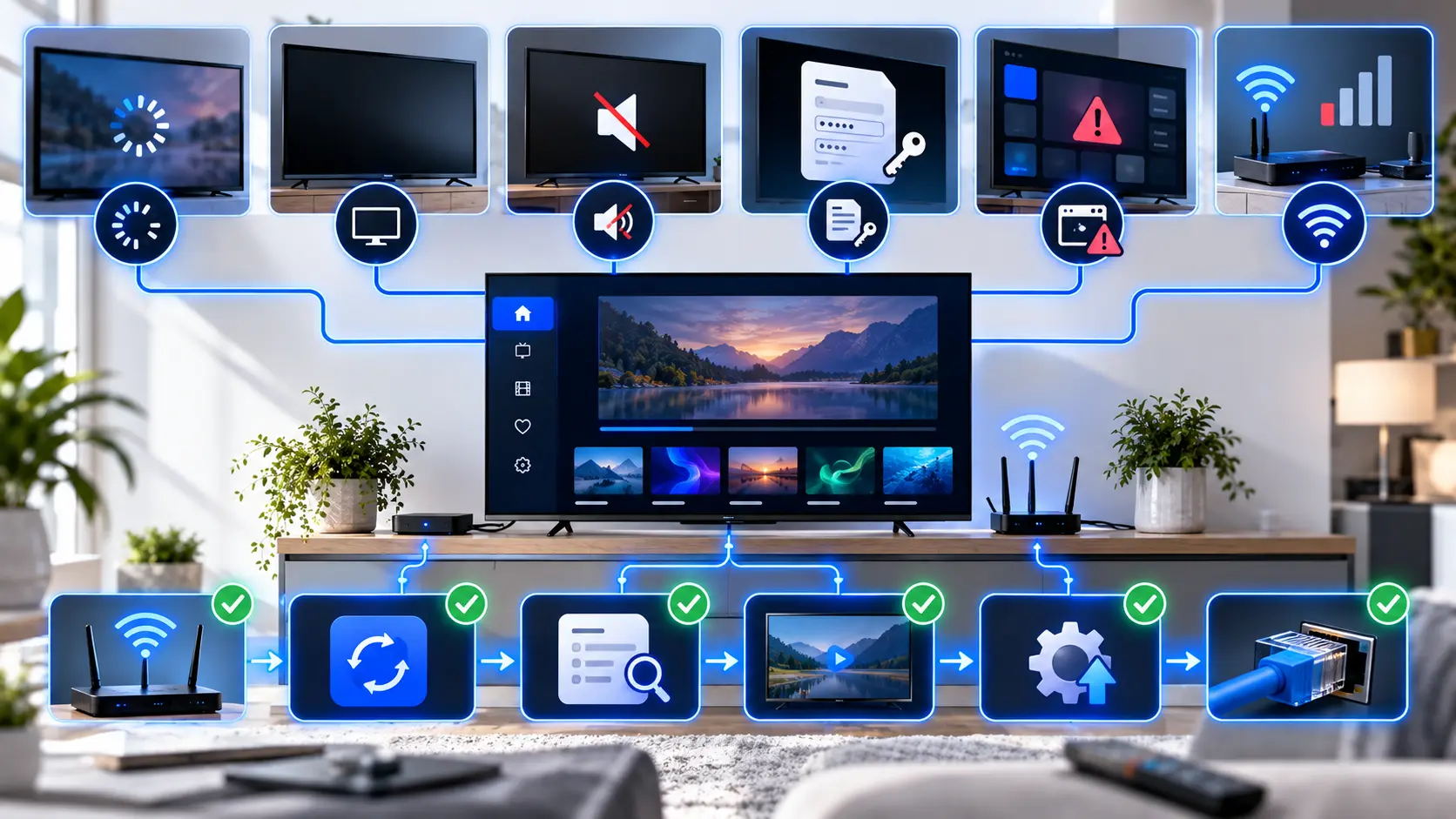 IPTV troubleshooting illustration showing buffering, black screen, audio and internet connection fixes
