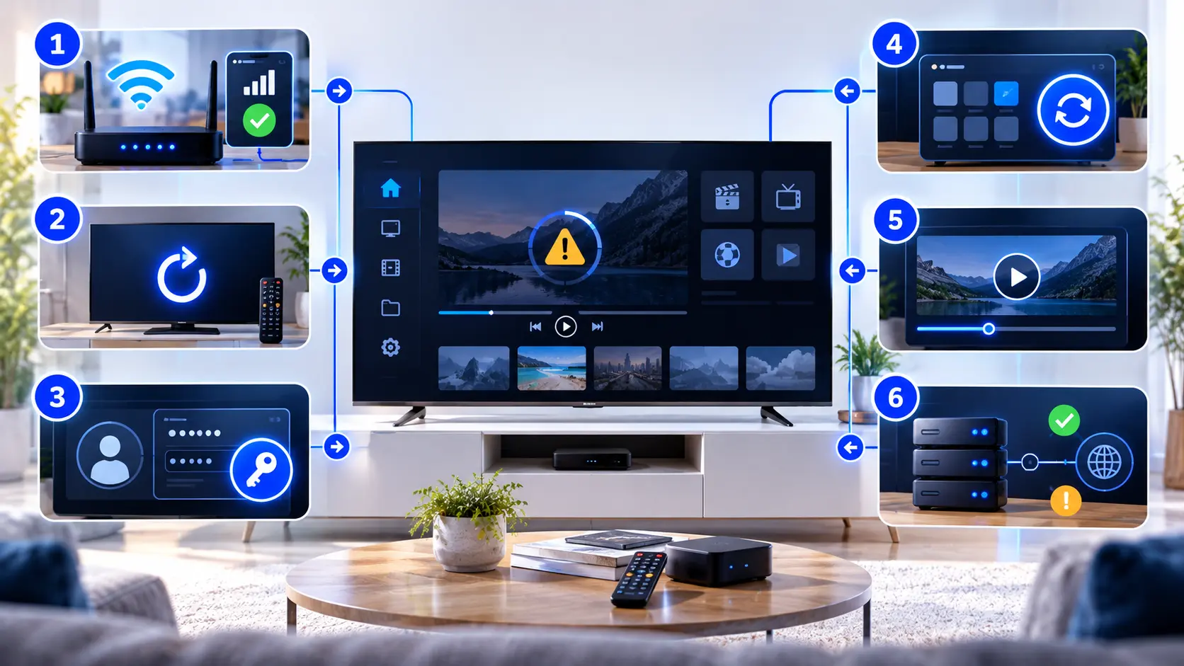 IPTV troubleshooting diagram showing internet, device, login, app and playback checks