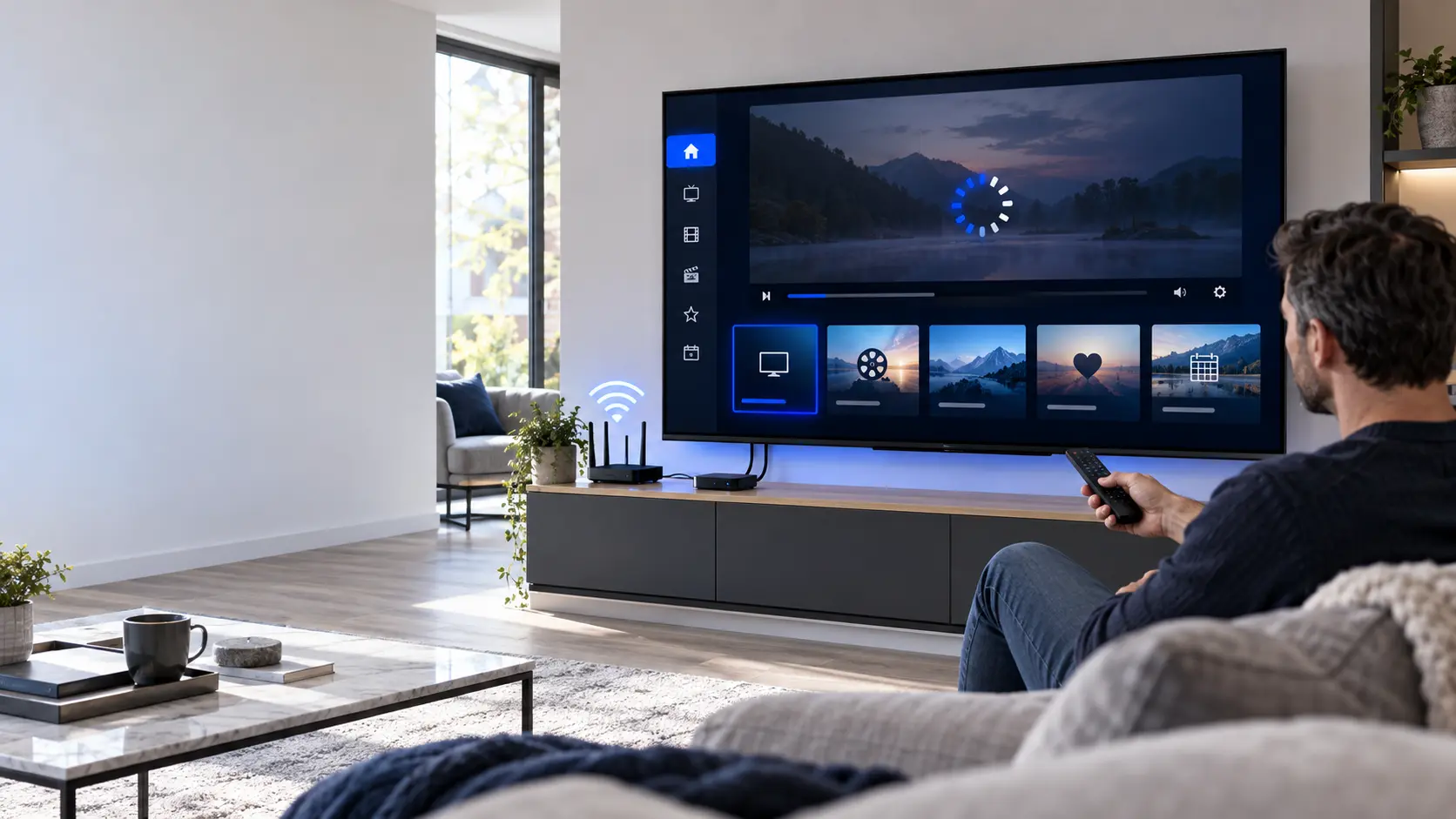 IPTV troubleshooting guide showing a Smart TV buffering and a home Wi-Fi router