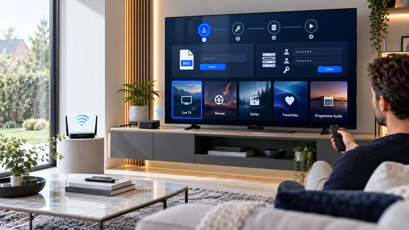 IPTV on Google TV installation guide showing a media player on a Smart TV
