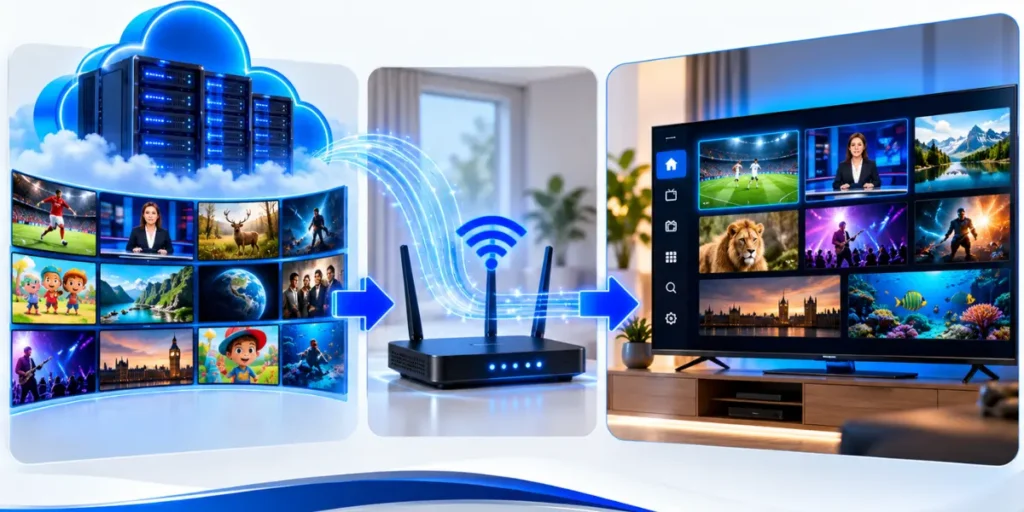 Diagram showing how an IPTV content source delivers television streams through the internet to an IPTV player.