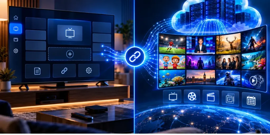 Side-by-side comparison of an empty IPTV media player and a separate IPTV content library.