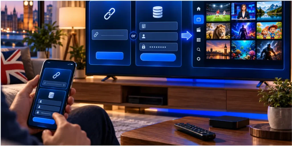Smart TV IPTV player setup screen showing M3U playlist and Xtream Codes configuration options.