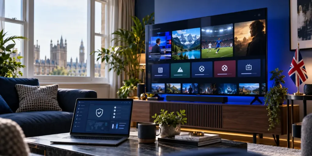 Modern British living room with a Smart TV and digital content licensing symbols illustrating IPTV legality in the UK.