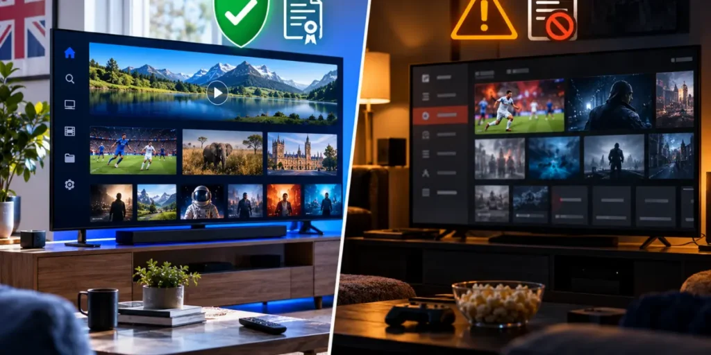 Two Smart TVs comparing authorised IPTV content access with streaming that lacks copyright permission.