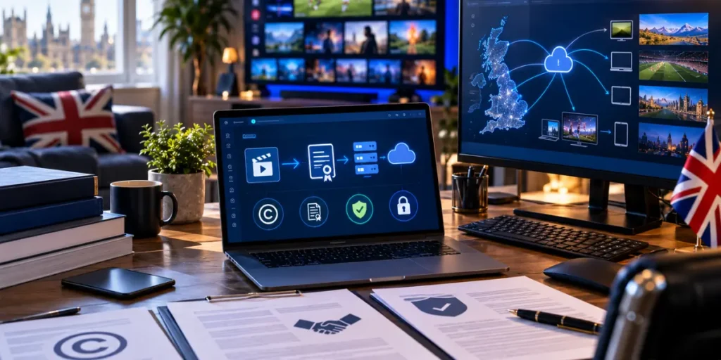 Laptop displaying a digital content licensing workflow in a UK media office, illustrating IPTV copyright responsibilities.