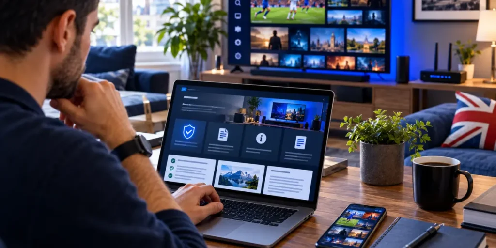 UK viewer reviewing streaming service information and content rights on a laptop before using IPTV.