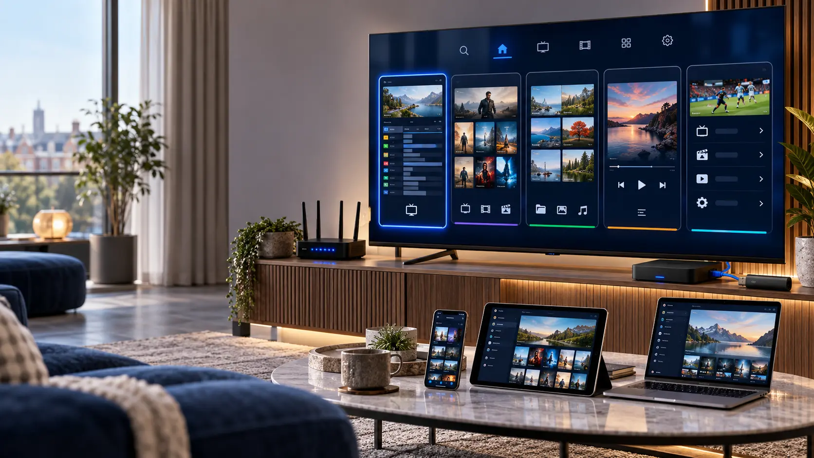Modern Smart TV displaying IPTV player options alongside other streaming devices