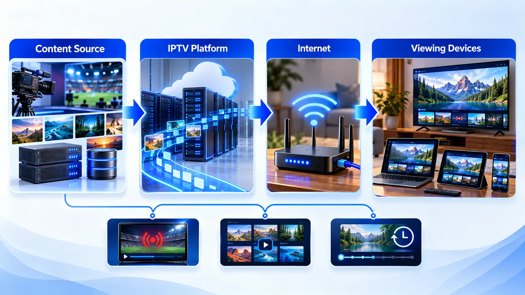 Diagram showing IPTV content travelling from a video source through an IPTV platform and internet connection to viewing devices