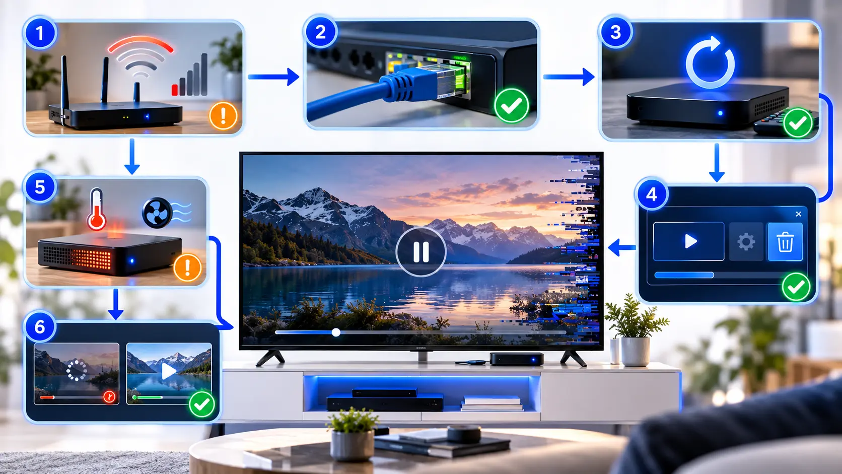 IPTV freezing troubleshooting diagram showing Wi-Fi, Ethernet, device restart, app performance and overheating checks