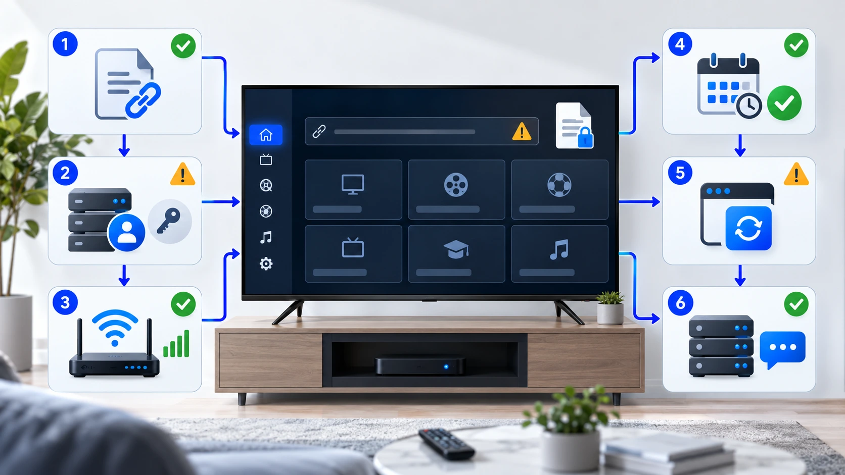 IPTV playlist troubleshooting diagram showing M3U links, login details, internet connection, subscription checks, player updates and support