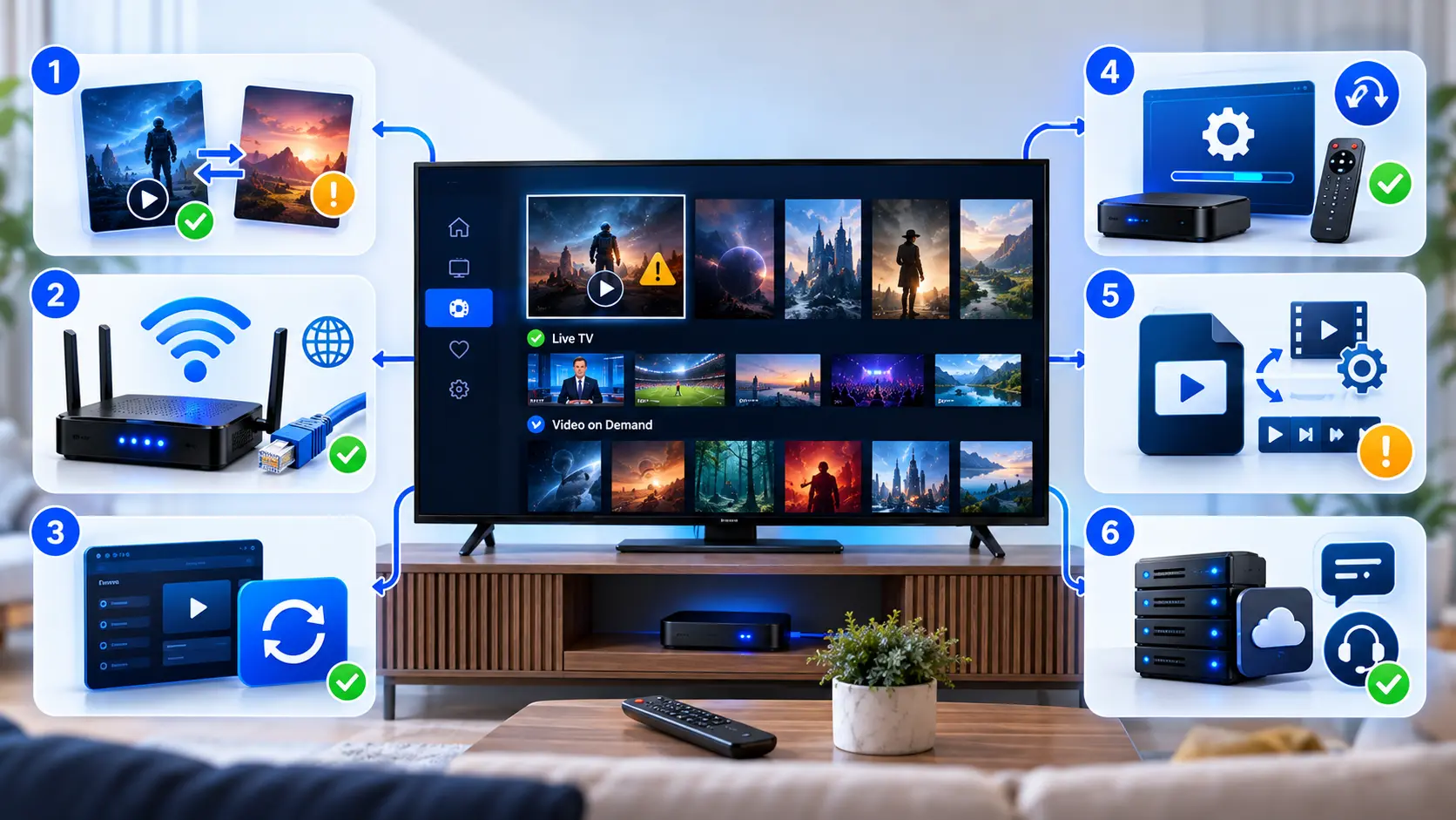 IPTV VOD troubleshooting infographic showing six checks for movie playback problems