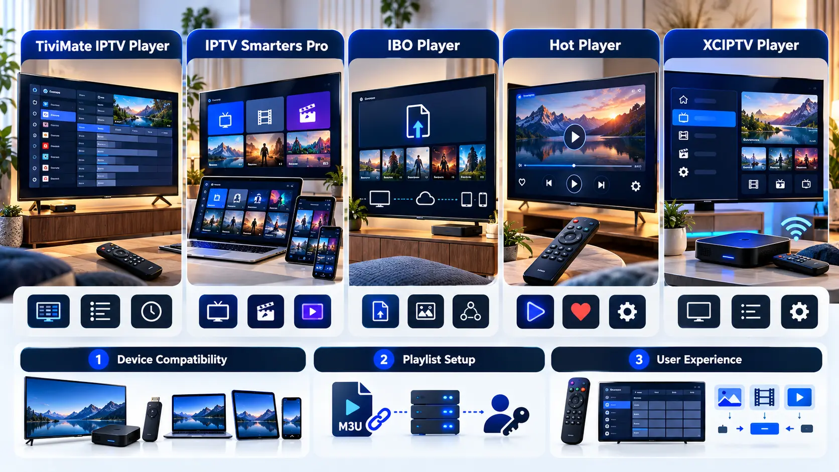 Educational comparison of TiviMate, IPTV Smarters Pro, IBO Player, Hot Player and XCIPTV Player