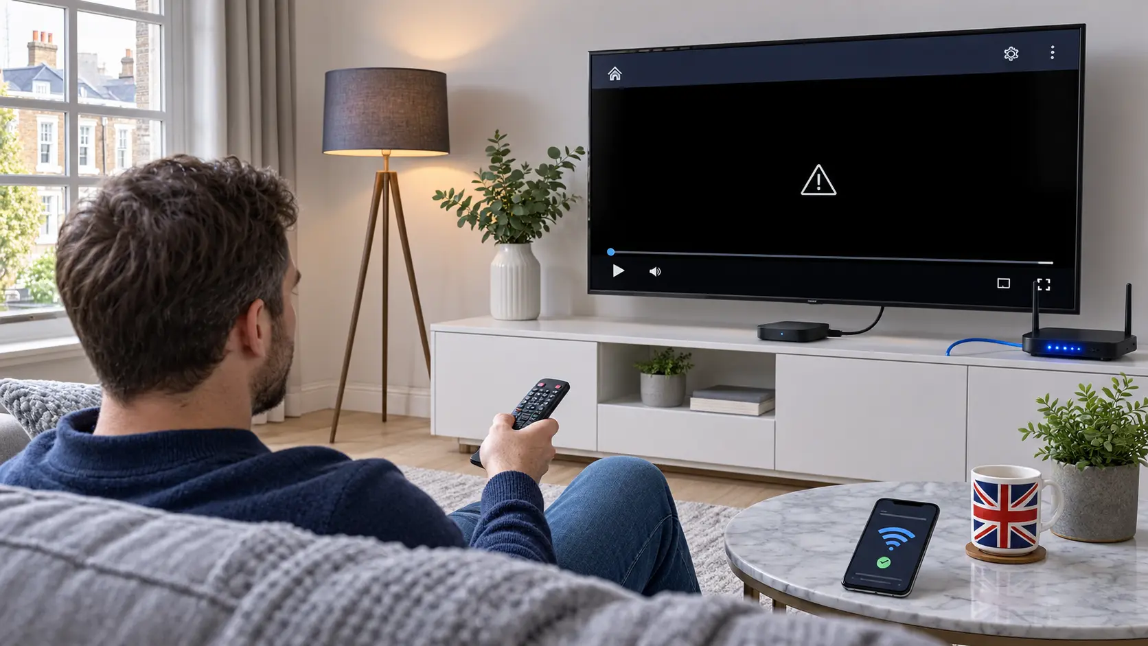 IPTV black screen on a Smart TV with a streaming device and Wi-Fi router