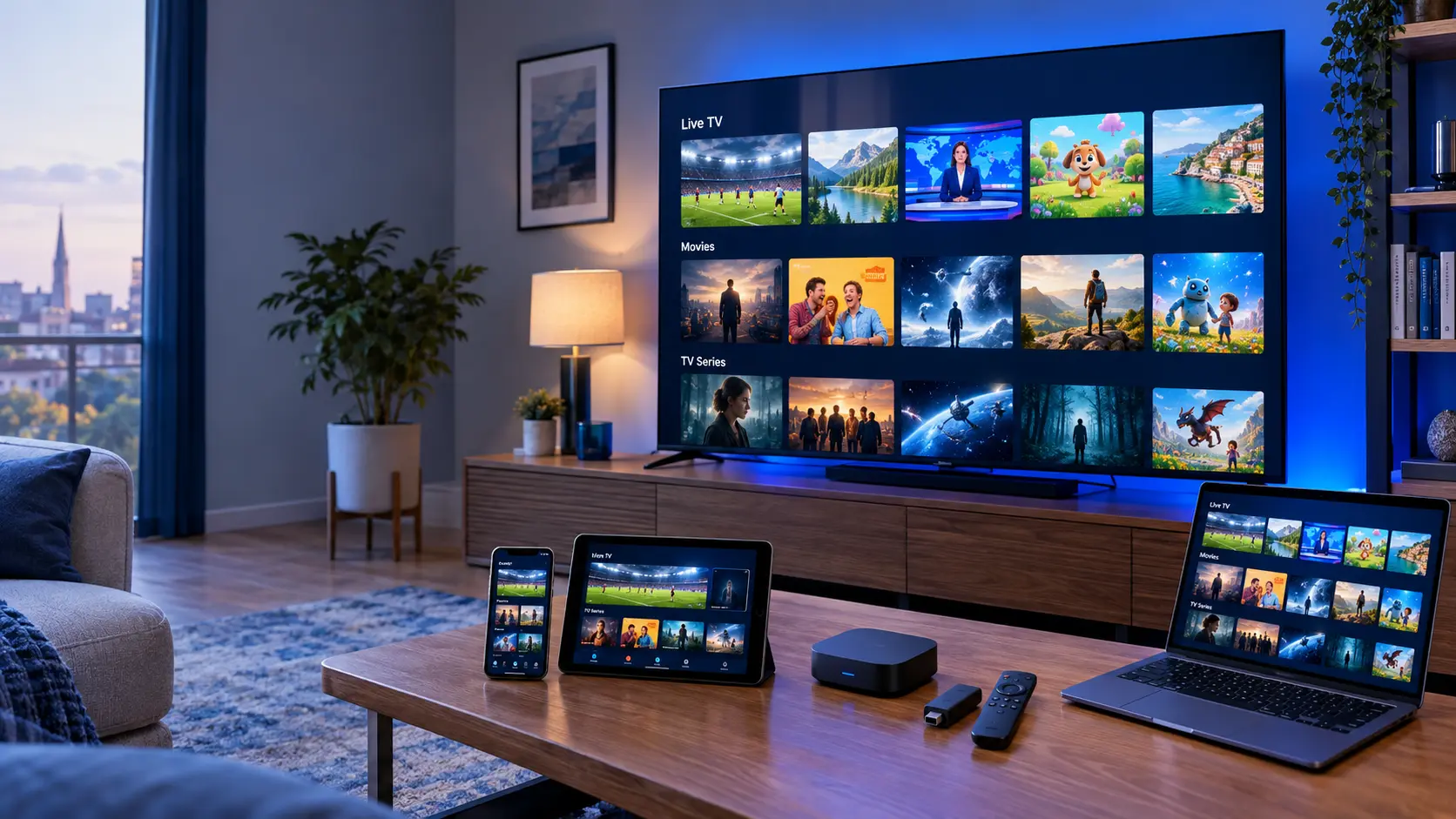 Smart TV displaying fictional IPTV live channels, movie categories and television series in a modern living room