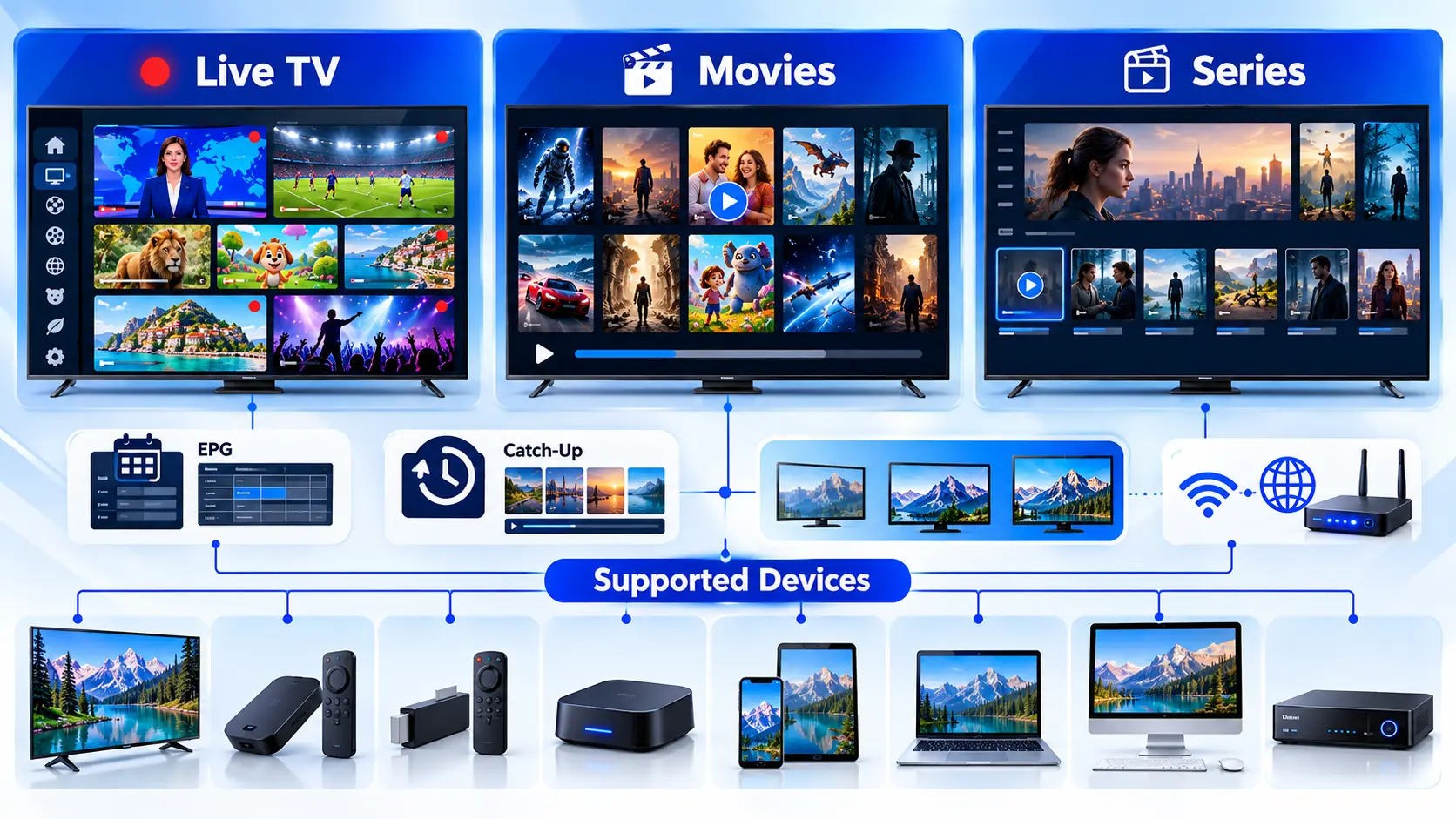 Infographic comparing IPTV live TV, movies and series with Smart TVs, streaming sticks, smartphones, tablets and computers