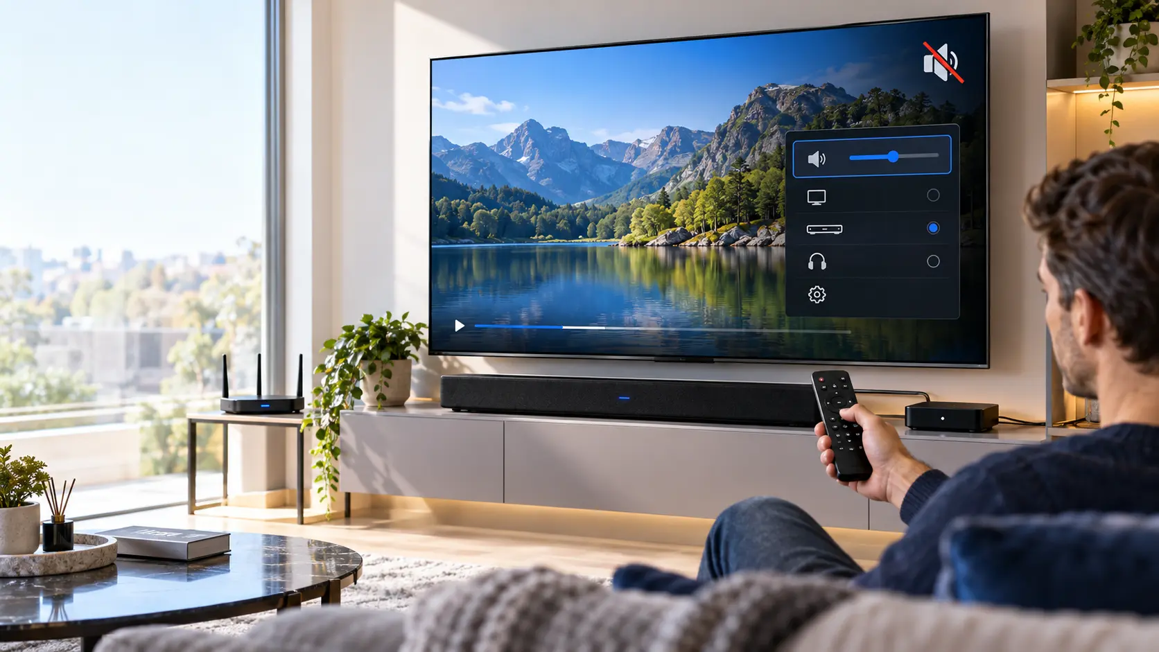 IPTV no sound on a Smart TV showing a muted speaker icon and soundbar