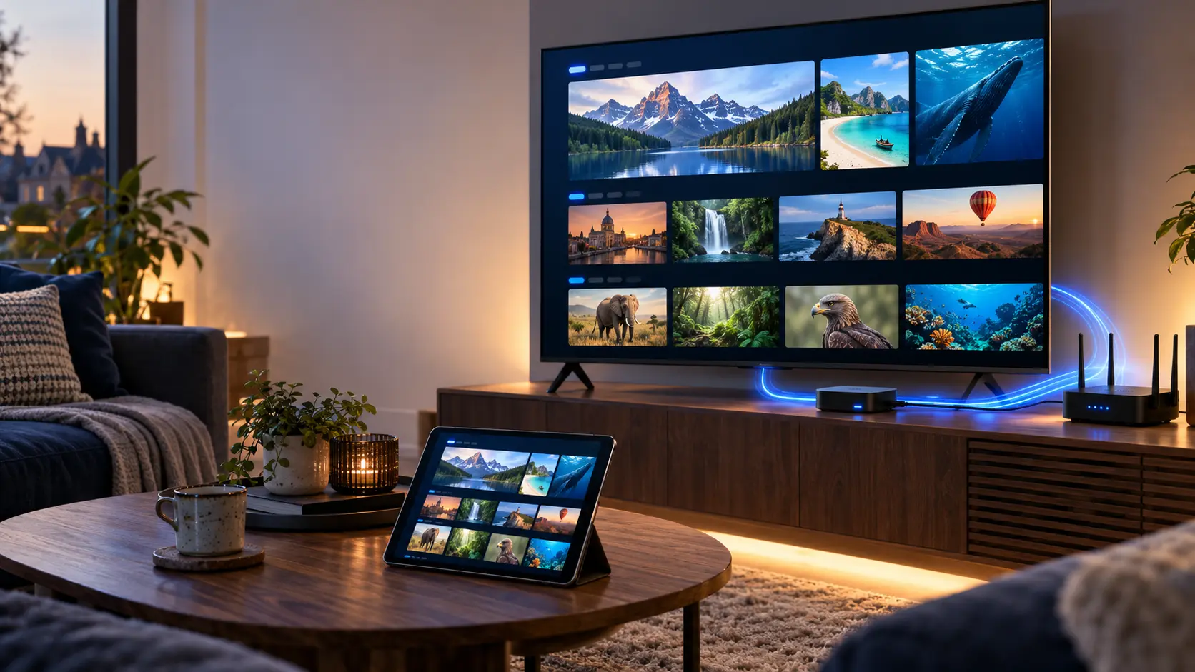 Smart TV connected to a home internet router illustrating IPTV streaming